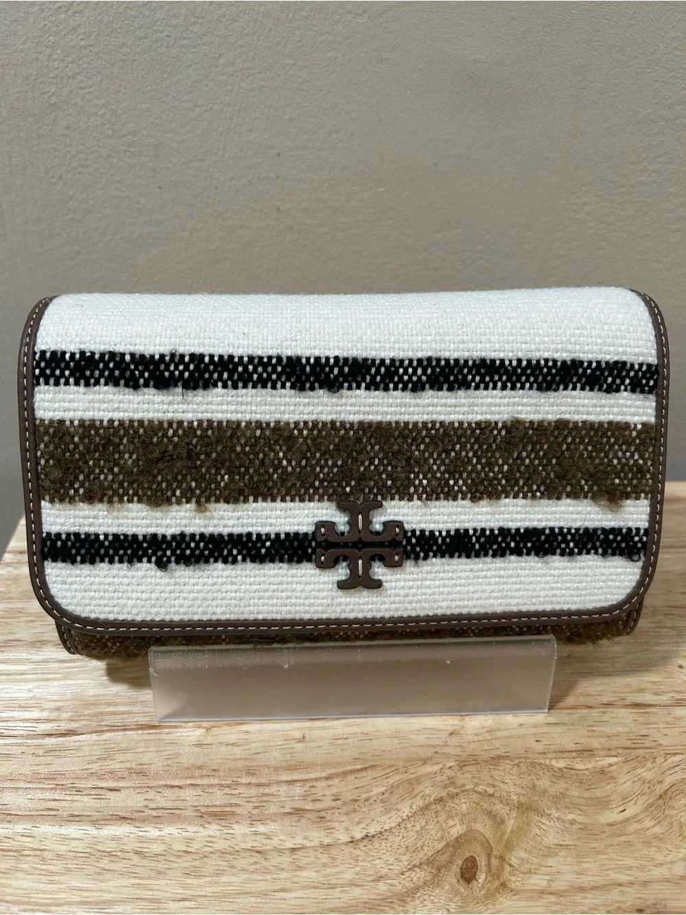 Tory Burch Cream, Brown & Black Striped Crossbody Bag